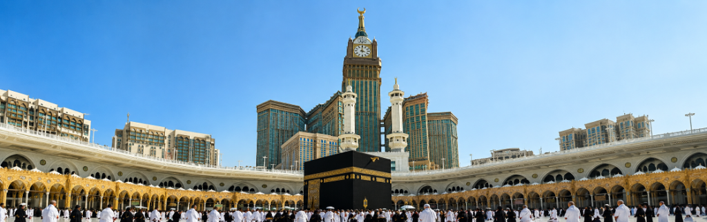 Holy Kaaba and Makkah Clock Tower with Pilgrims